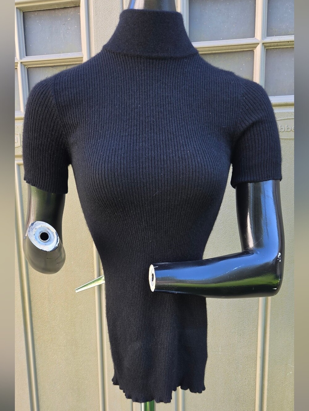 CHANEL Black Ribbed Mock-Neck Top with Logo Buttons size 38